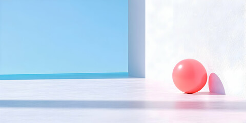 Fototapete - Minimalist Scene with Pink Sphere on White Platform Against Blue Background and Geometric Shapes with Soft Lighting and Abstract Design