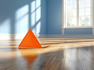 Fototapete - Minimalist Orange Triangle Shape on Parquet Flooring in Light Blue Room with Natural Sunlight Through Window