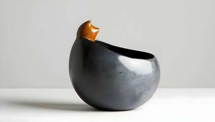 Fototapete - Modern Black Ceramic Sculpture with Brown Opening on White Background