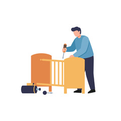 Poster - Person assembling a wooden crib in flat vector art style with tools and materials