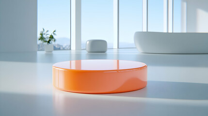 Fototapete - Orange Circular Stage in Bright Modern Room with Large Windows and White Interior Design