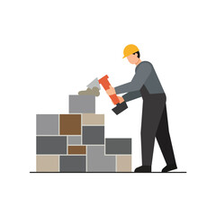 Poster - Construction worker building a wall with bricks in flat vector art style vector illustration