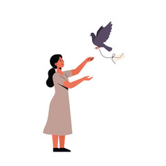 Poster - Woman releasing a dove into the air in a minimal flat vector illustration