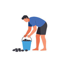 Poster - Man Lifting Bucket of Stones in Flat Vector Art Style