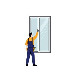Poster - Worker applying finishing touches to a window in minimal flat vector art