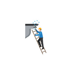 Poster - Worker on Ladder Fixing Leak in Gutter with Flat Vector Art Style