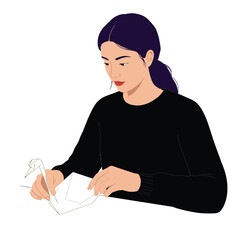 Poster - woman creating origami art with detailed flat design style vector illustration