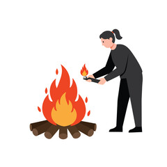 Poster - Person igniting a campfire with flames and logs in flat vector art