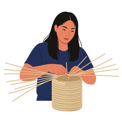 Poster - Woman skillfully weaving a basket using thin sticks in flat vector art