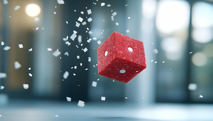 Fototapete - Red Pixelated Cube Surrounded by Fragments Floating in a Modern Interior With Diffused Lighting