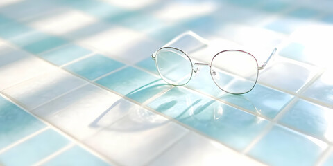 Fototapete - Round Eyeglasses Lying On Blue and White Tiled Surface in Bright Sunlight Still Life