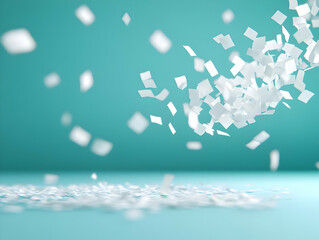 Fototapete - Scattered White Paper Pieces Falling on Light Blue Surface in Studio Setting
