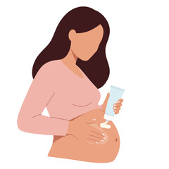 Poster - Pregnant woman applying cream on belly in minimal flat vector art