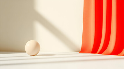 Fototapete - Single Egg on Beige Surface with Contrasting Red Gold Striped Background in Soft Studio Lighting