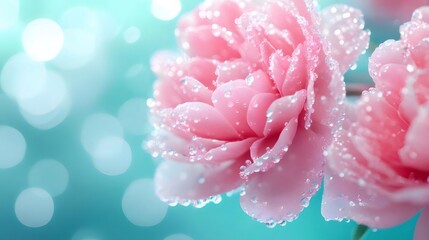 Poster - 淡いピンク色のバラの花クローズアップ 青色の背景に水滴が輝く 美しい春の自然描写