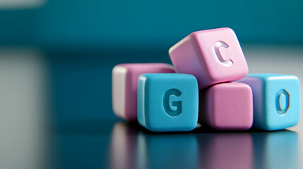 Fototapete - Stack of Three Dimensional Pink and Blue Cubes Featuring Alphabets on a Reflective Surface