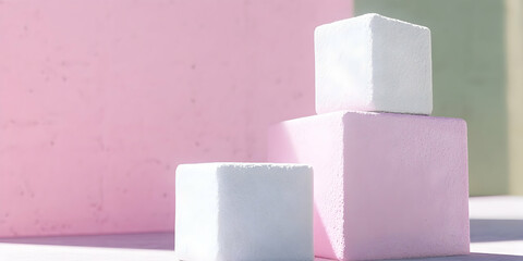 Fototapete - Stacked Pastel Pink And White Concrete Cubes in a Minimalist Studio Setting with Clean Geometric Shapes And Soft Shadows