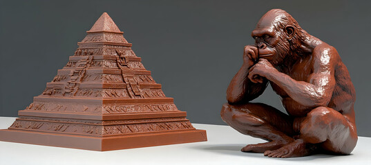 Fototapete - Stylized Dark Brown Primate Figure Resting on Tiered Pyramid Against Gray Backdrop