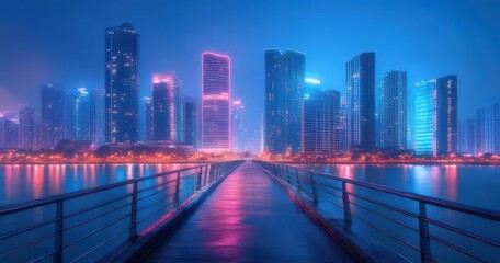 Poster - 青い夜の都市風景 橋が前景に 赤とピンクの光が水面に反射 近代的な高層ビル群 美しい夜景