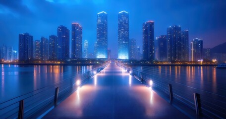 Poster - 水面と光の都市景観の夜景 青い空と建物のシルエットが映る都市の橋