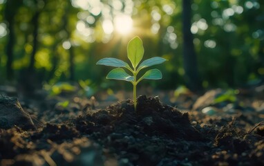 Poster - 新緑の芽が土から育つ様子を太陽光と森林の背景にクローズアップ