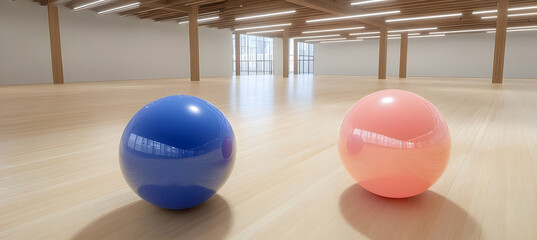 Fototapete - Two Pixelated Spheres Pink and Blue on Wooden Floor Under Bright Overhead Lighting in Open Geometric Structure