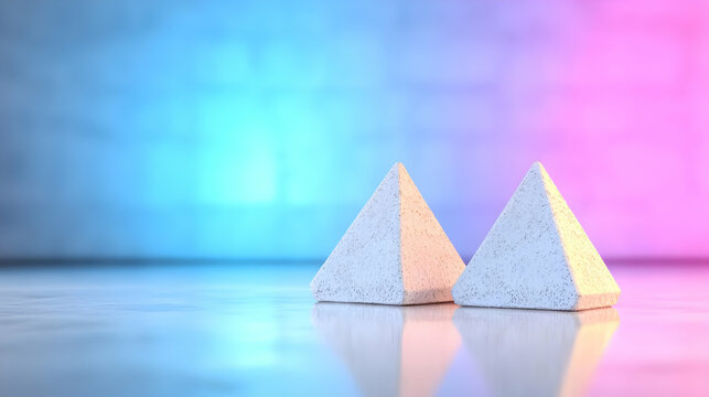Two Textured Geometric Pyramids with Soft Pink and Blue Gradient Lighting in a Minimalist Studio Setting
