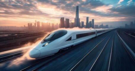 Aufkleber - 未来都市を走る高速列車 太陽光を浴びた白い車体と青い空