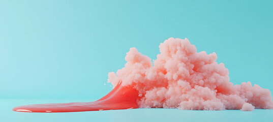 Fototapete - Vibrant Pink Cloud Over Smooth Red Surface on Soft Blue Background Abstract Illustration