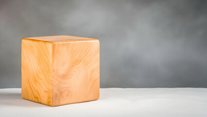 Fototapete - Wooden Cube with Detailed Grain Texture on White Surface Against Grey Background
