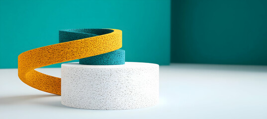 Fototapete - Yellow And Green Abstract Composition with Two Cylinders and Pixelated Effects on a White Surface in a Minimalist Background
