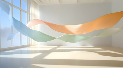 Fototapete - Abstract Art Installation with Geometric Paper Shapes in a White Minimalist Room with Bright Daylight Streaming Through Windows