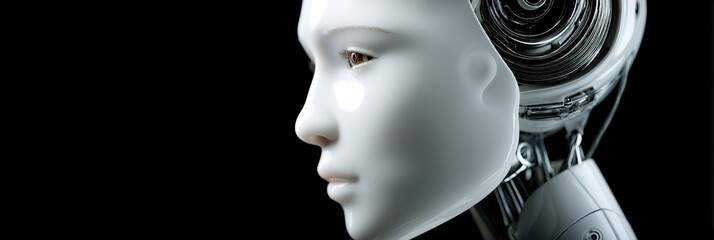 Poster - Futuristic robot head showcasing advanced technology and design in a sleek dark environment