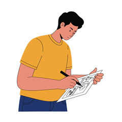 Poster - Person drawing on paper in a bright flat style vector art