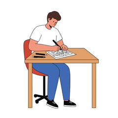 Poster - Person sitting at a desk drawing with a pen in flat vector art
