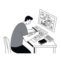 Poster - Artist creating comic panels in a minimal flat design vector illustration