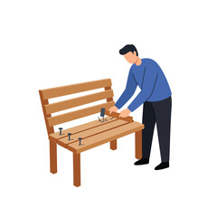 Poster - Man assembling a wooden bench in a flat, minimal vector illustration