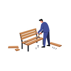 Poster - Man repairing a wooden bench in flat vector art style featuring tools and furniture elements vector illustration