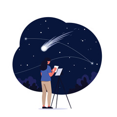 Poster - Woman sketching shooting stars in night sky with flat design vector art