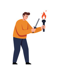 Poster - Man holding a torch and sword in flat vector art style for dynamic action scene