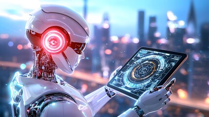 Poster - A robot is holding a tablet and wearing headphones