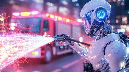 Poster - A robot is spraying water from a hose, while a fire truck is in the background