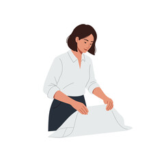 Poster - Woman folding a sheet of paper in a minimal design style vector illustration