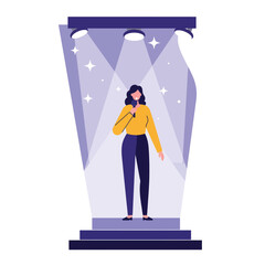 Poster - Woman singing confidently under stage lights in flat vector art
