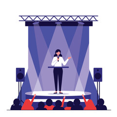 Poster - Female singer performing on stage with spotlight in flat vector art