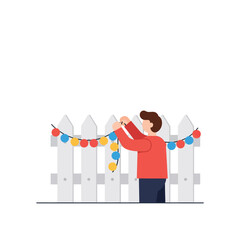 Poster - Person hanging colorful lights on a white fence in flat vector art