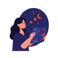 Poster - Woman analyzing data with graphs and trends in flat vector art