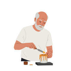 Poster - Elderly man decorating cake with knife in flat and minimal vector art