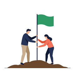 Poster - Two people planting a green flag in the ground in flat vector art
