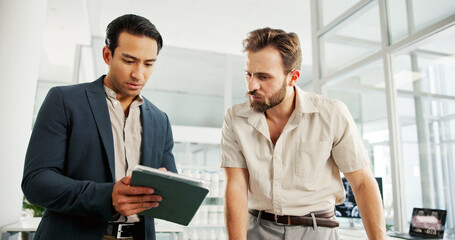Leinwandbilder - Men, tablet and discussion in office for project, partnership or review at biohacking startup. Engineer, consulting and digital touchscreen for brain scan, app or research at neurotechnology company